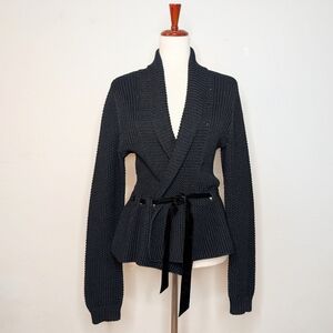 Lauren by Ralph Lauren Black 100% Cotton Shawl Collar Cardigan with Velvet Belt